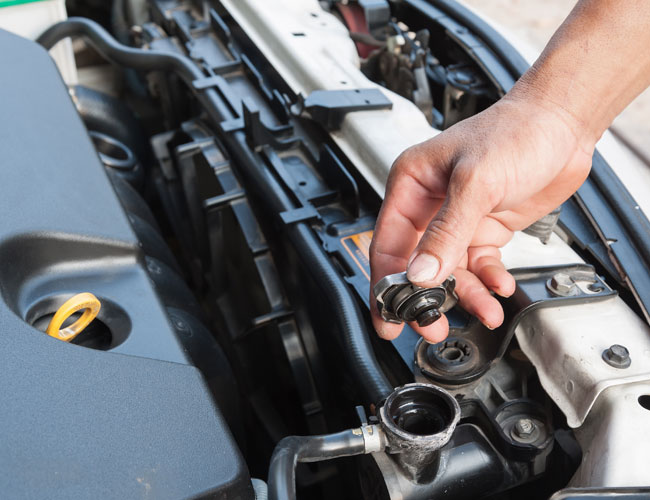 Mechanic looks at radiator fluid level for car maintenance check